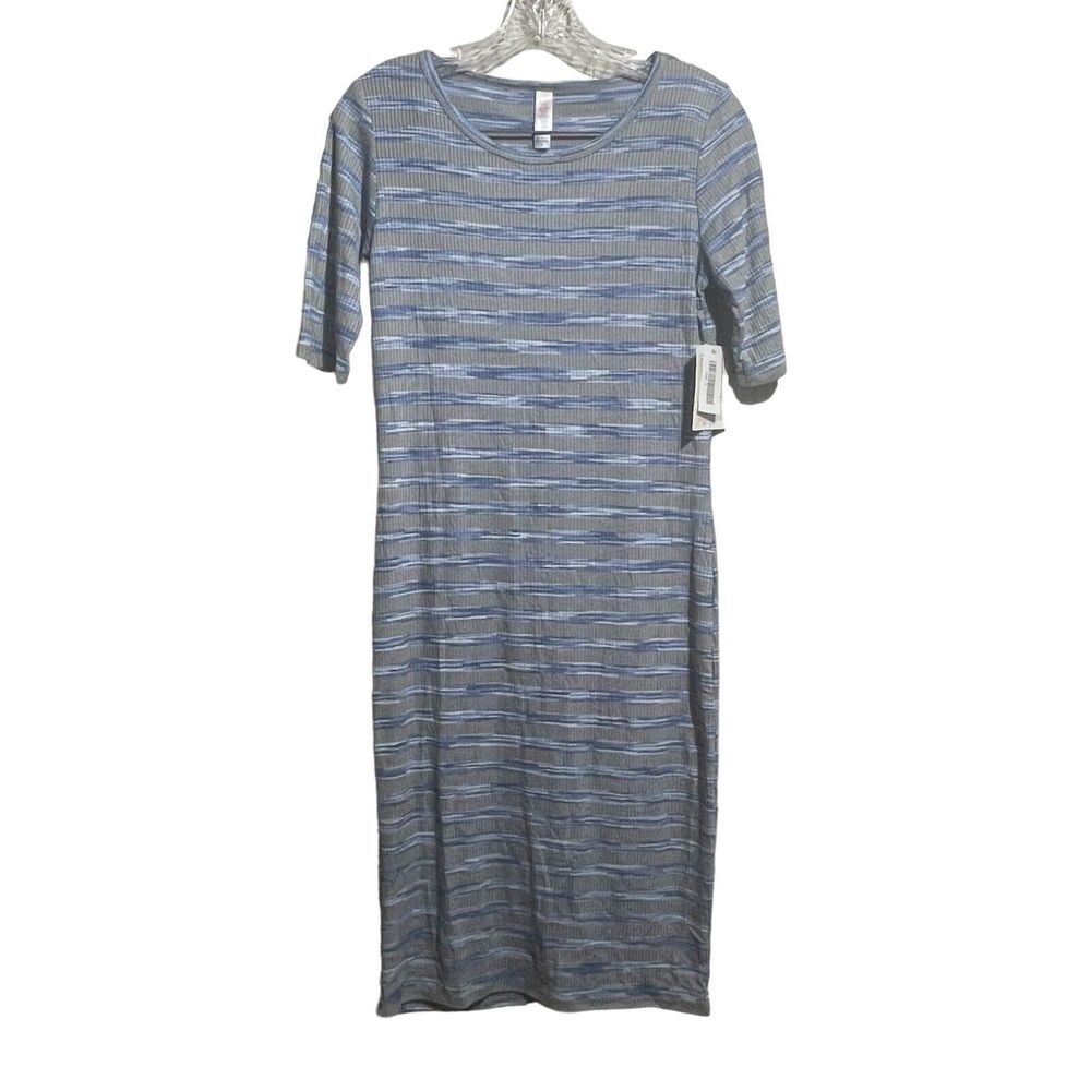 LuLaRoe Women's Size Small Julia Dress Gray Blue Horizontal Stripes Bodycon‎ NWT